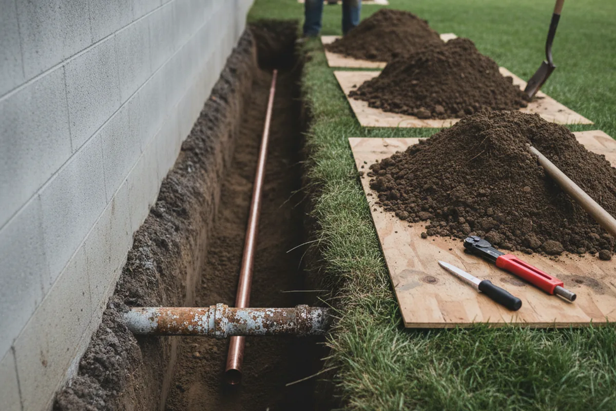 Excavated water line trench during Water Softener Installation in Shawnee